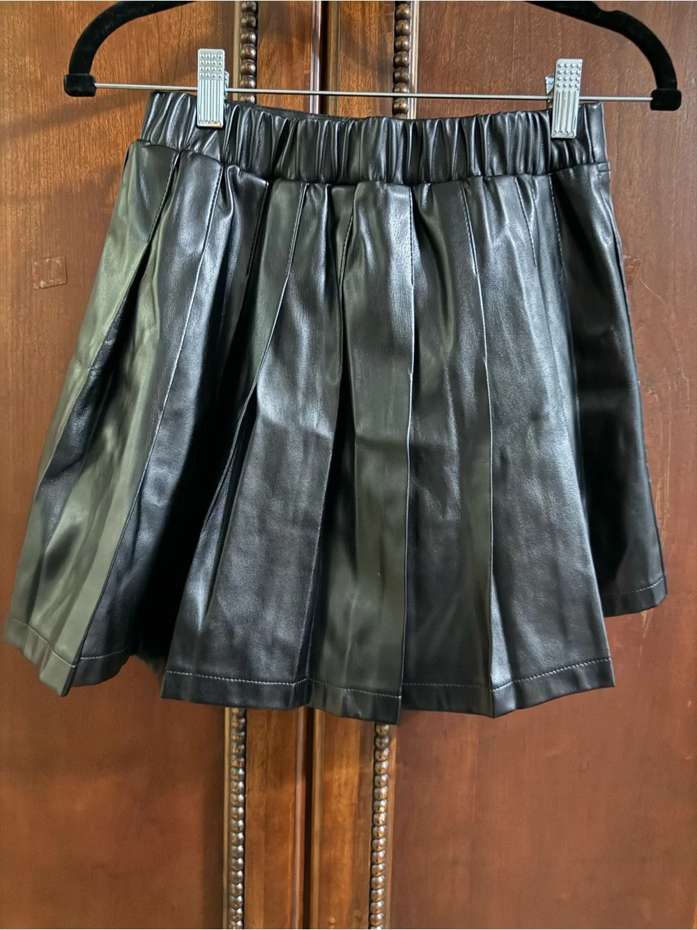 Justice Black Faux Leather Pleated Skater Skirt